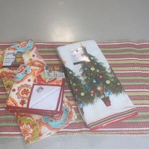 2 Fiesta kitchen towels, set of dishcloths, and a table runner  72 inches long